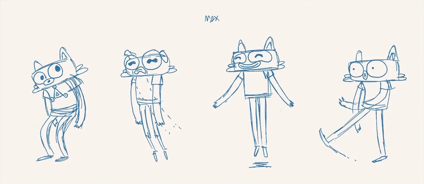 Early sketches of Max Horizontal line up of four sketches in blue pencil for the character "Max"