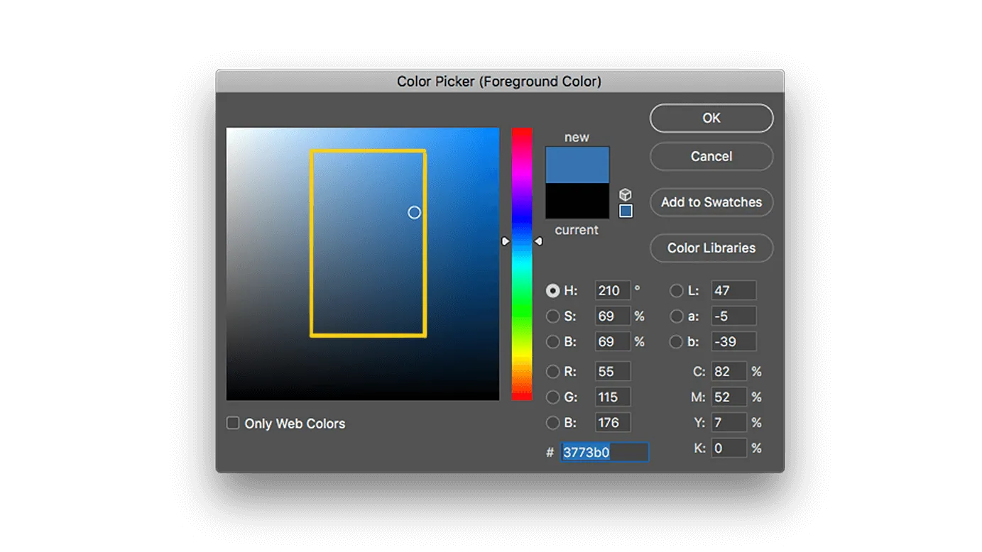 Screenshot of Adobe Photoshop's color picker tool highlighting an ideal area to start with color selection
