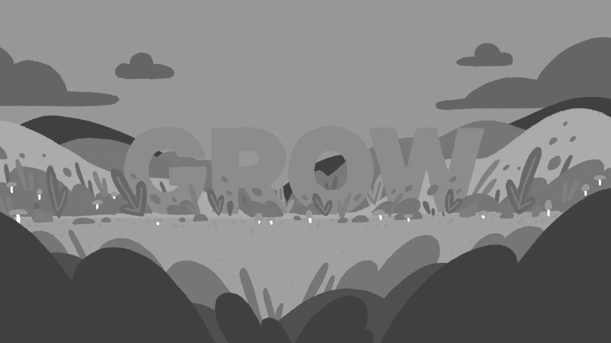 Wildly colored illustration from above shown as gray values to highlight the lack of contrast